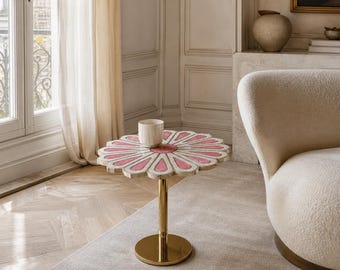 Rose Quartz Coffee Table | Floral Pink Stone Round Table | Luxury Living Room Centerpiece