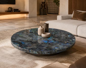 Labradorite Coffee Table | Round Blue Flash Gemstone Center Table | Luxury Living Room Furniture