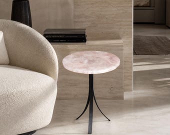 Rose Quartz Coffee Table | Round Pink Gemstone Accent Table | Luxury Living Room Furniture