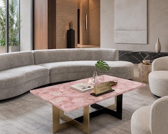 Rose Quartz Coffee Table | Pink Gemstone Rectangular Center Table | Living Room Centerpiece