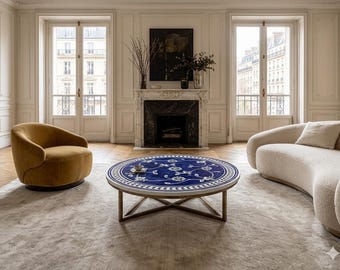 Lapis Lazuli Coffee Table | Round Blue Gemstone Floral Inlay | Luxury Living Room Centerpiece