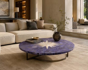 Lapis Lazuli Coffee Table | Round Gemstone Inlay Table | Luxury Living Room Accent