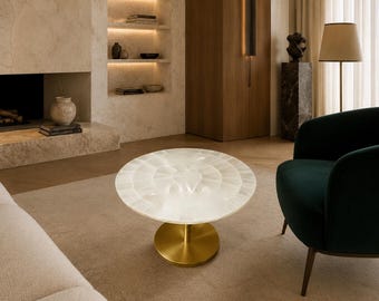 Selenite Coffee Table | Handmade Crystal Stone Round Top | Luxury Living Room Decor