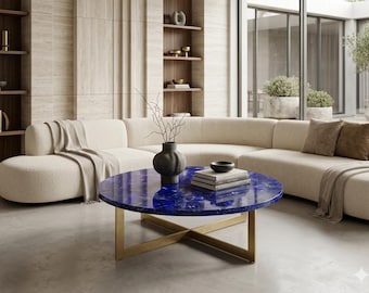 Lapis Lazuli Coffee Table | Round Blue Gemstone Modern Table | Statement Centerpiece for Home