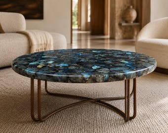 Labradorite Coffee Table | Round Gemstone Table Top | Luxury Living Room Furniture