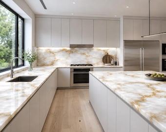 Agate Countertop Slab | White Gold Stone Kitchen Island Top | Custom Luxury Kitchen Surface
