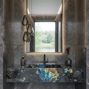 Labradorite Sink | Rectangular Blue Stone Basin | Luxury Powder Room Vanity