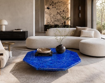 Lapis Lazuli Octagon Coffee Table | Luxury Mosaic Stone Living Room Centerpiece