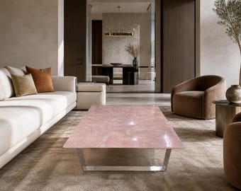 Rose Quartz Coffee Table | Pink Crystal Square Modern Furniture | Luxury Living Room Centerpiece