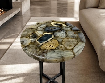 Agate Side Table | Olive Round Gemstone Top | Luxury Living Room Accent Furniture
