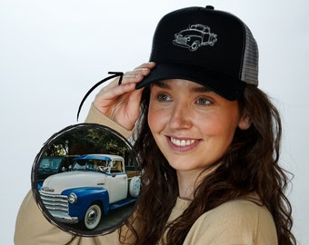 Custom Line Drawing of Car Embroidered On Trucker Cap