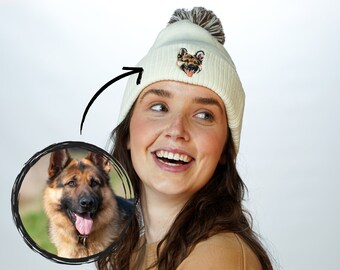 Custom Pet Embroidered On Beanie With Pom Pom Dog or Cat Hat