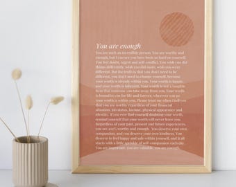 self-worth Print, Quote Wall Art, Self Love Art, Motivational Quote, Self-Worth Gift, Boho wall art, Poster for psychologist Office Wall Art