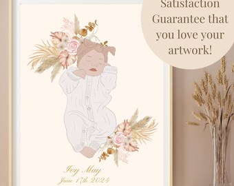 Baby Portrait Hand drawn Illustration Custom baby Line Art Baby gift Personalized Gift for New Mums Gift for newborn Nursery wall art print