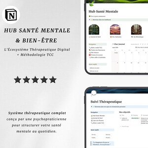Peut inclure: Plateforme numérique de santé mentale avec le texte "HUB SANTÉ MENTALE & BIEN-ÊTRE" et "L'Écosystème Thérapeutique Digital + Méthodologie TCC". La plateforme comprend un calendrier, une navigation et une section pour les objectifs personnels.