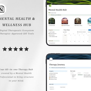 Peut inclure: Interface numérique pour un centre de santé mentale et de bien-être, avec le texte "Mental Health & Wellness Hub". L'interface comprend des sections pour un journal quotidien, des routines de pleine conscience et un parcours thérapeutique, avec une note de cinq étoiles.