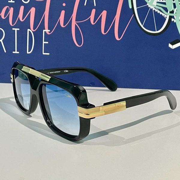 Vintage Cazal Mod 663 Sunglasses Men/ Women, Blue Lens Black & Gold Frame Cazal Eyewear, Gift For dad, square Sunglasses