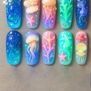 Ocean Mermaid Press On Nails, 3D Jellyfish Coral Shell Design, Glow Underwater Fantasy Nails, Handmade Iridescent Gel Nail Art Set