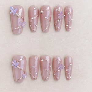 Beautiful Jelly Pink Swirl Glitter Butterfly Press On Nails | Glitter Nails | Glue On Nails | Kpop Nails | Gorgeous Nails