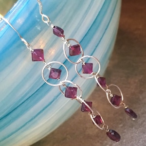Dangle Garnet Earrings, Red, Drop, Long, Triangle Cut Gemstone, Wired, Sterling Silver