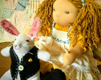 Alice in Wonderland with the White Rabbit, Waldorf Doll and, or Bunny, Custom Order