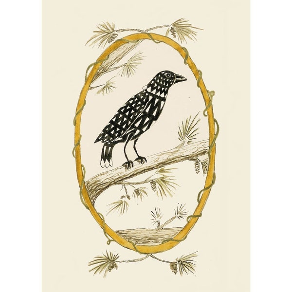 Folk art frameable greeting card print, "Raven"