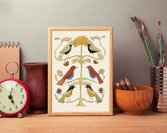 Instant printable digital download – American Fraktur 5x7 Greeting Card – "Six-Bird Tree" – Fine Art Frameable – easy to print, and frame