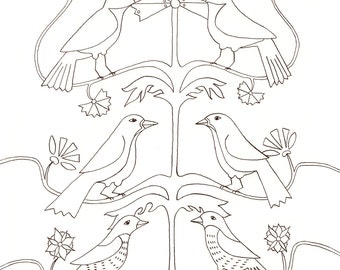 Fraktur folk art birds tree coloring sheet digital printable download single page outline color hang frame display art lover kids mom family