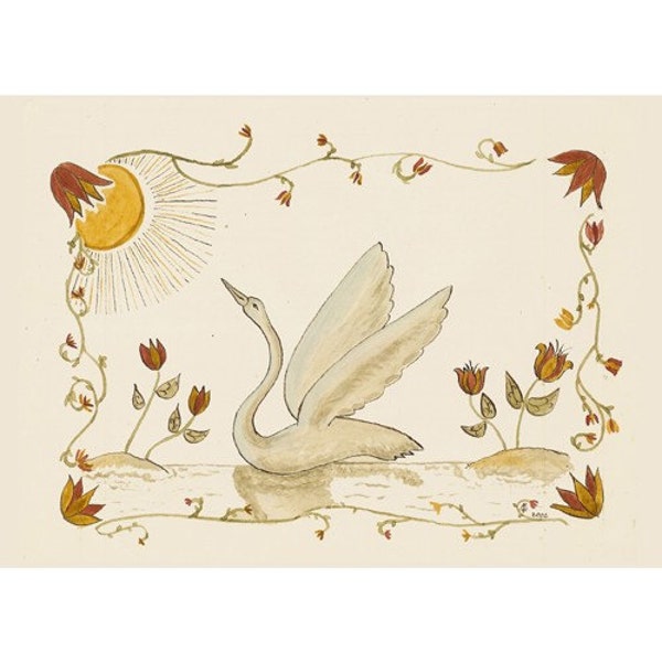 Folk art frameable greeting card print, "Swan"