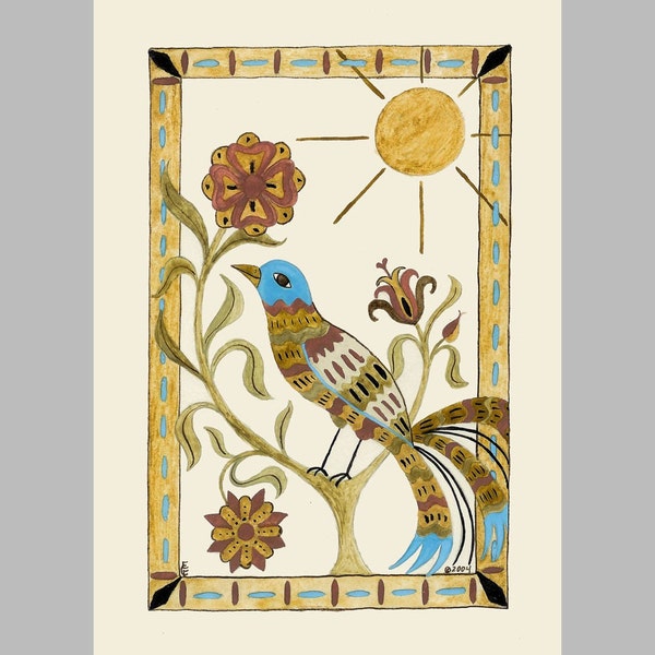 Folk art frameable greeting card print, "Stained Glass"