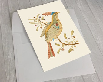 Printable digital download American Fraktur 5x7 e-card Greeting Card "Bird with Berry" Fine Art Frameable – print, mat, frame