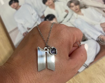 BTS logo stainless steel necklace with purple stone heart