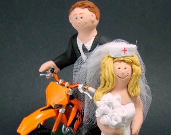 Nurse Bride and Off Road Motorcycle Groom Wedding Cake Topper, Anniversary Gift for Motorcycle Riders, Nurse's Wedding Anniversary Gift.