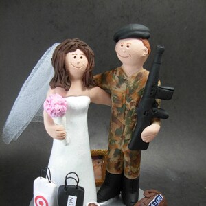 Soldier in Camouflage Wedding Cake Topper, M16  Marine Wedding Cake Topper, Shopping Bride Wedding Cake Topper, Shopaholic Bride Cake Topper