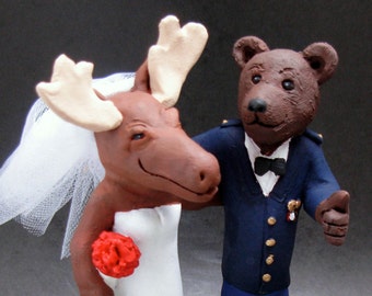 Bear Groom and Moose Bride Wedding Cake Topper, Animal Wedding Cake Topper, Bear in Dress Blues Soldier's Uniform Wedding Cake Topper