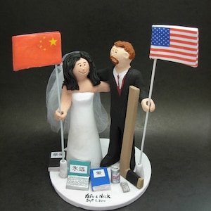Chinese Bride and American Groom Wedding Cake Topper, Mixed Race Wedding Cake Topper, Interracial Wedding Anniversary Gift Figurine.