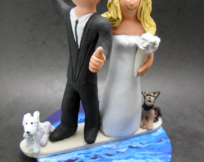 Surfer's Wedding Cake Topper - Bride and Groom on Surfboard Wedding Cake Topper, Pet Dogs Wedding Cake Topper, Surfing Wedding Cake Topper