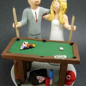 Billiard or Pool Players Wedding Cake Topper- custom made to order wedding cake topper- Bride and Groom with Pool Cue sticks caketopper