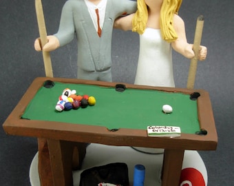 Billiard or Pool Players Wedding Cake Topper- custom made to order wedding cake topper- Bride and Groom with Pool Cue sticks caketopper