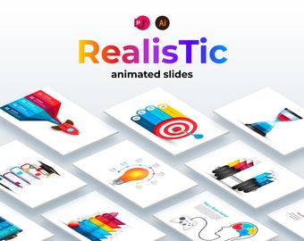 Realistic PowerPoint Slides with Animated Infographics | Startup, education, global, fitness, business goal and medical | 500 icons