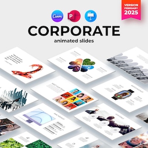 May include: A set of corporate presentation slides with animated elements. The slides feature a variety of designs, including a team photo, a watch mockup, and a quote about the importance of passion. The slides are designed for use with Canva and PowerPoint.