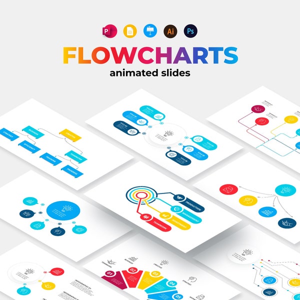 Flowcharts Animated Infographic Templates Presentations for PowerPoint, Google Slides, Keynote, Illustrator, and Photoshop | 500 icons