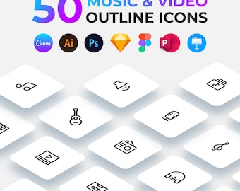 50 Outline Music & Video Icons: Canva, Figma, SVG, PNG