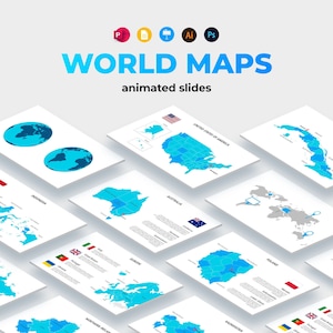 Modelos de PowerPoint animados com mapas do mundo | Slides de infográficos para apresentação | Bandeiras, marcadores e ícones de viagem