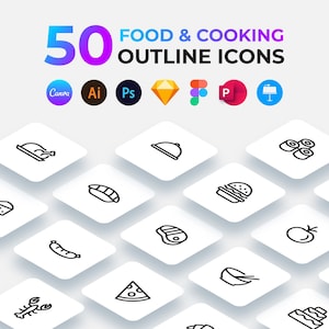 May include: 50 Food & Cooking Outline Icons. A set of 50 black and white outline icons depicting various food and cooking items, including a turkey, sushi, a burger, a steak, a sausage, a pizza slice, a bowl of noodles, and a cake.