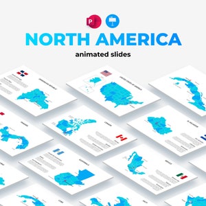 Geanimeerde PowerPoint-sjabloon met kaarten van Noord-Amerika. Infographic-dia's voor presentatie. Markeringen, navigatie- en reispictogrammen. Keynote-sjabloon