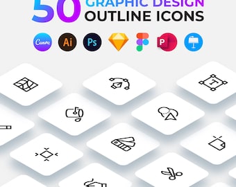 50 ícones de design gráfico com contorno, Canva, Figma, AI, PSD (SVG, Vetor)