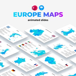 Modelos de PowerPoint animados de mapas da Europa | Slides de infográficos para apresentação | Marcadores, navegação e ícones de viagem