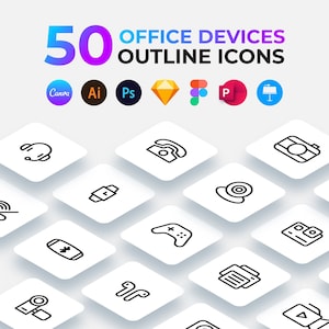 Può includere: Un set di 50 icone di contorno che rappresentano vari dispositivi da ufficio, tra cui un auricolare, un telefono, una fotocamera, uno smartwatch, un gamepad, cuffie wireless, una stampante e altro ancora. Le icone sono disposte in una griglia su uno sfondo bianco.