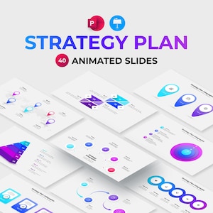 Może przedstawiać: Zestaw 40 animowanych slajdów programu PowerPoint do tworzenia planu strategicznego. Slajdy charakteryzują się kolorowymi, nowoczesnymi wzorami z ikonami i infografikami. Tekst "Plan strategiczny" i "40 animowanych slajdów" jest wyświetlany pogrubioną czcionką w kolorze białym.